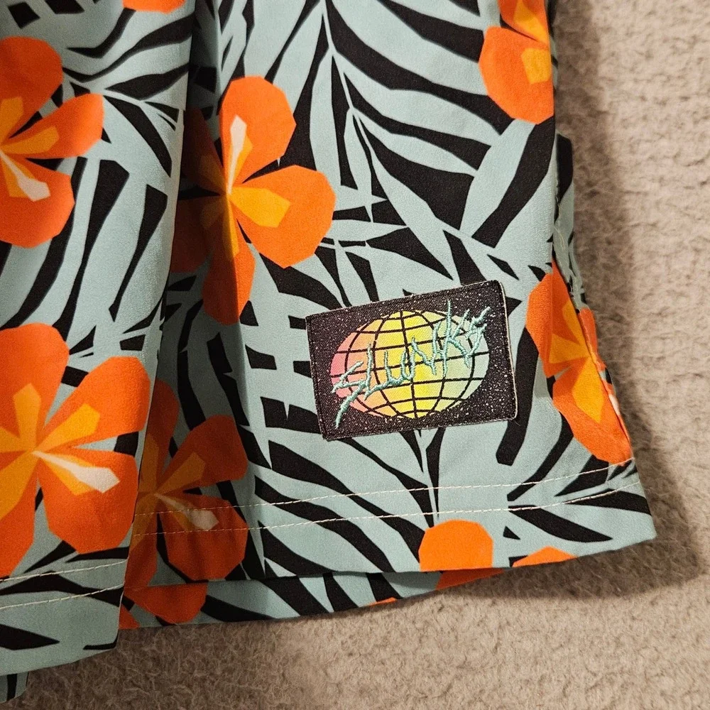 Slunks Mens Tropical Floral Board Shorts Blue Orange Compression Liner Small 5
